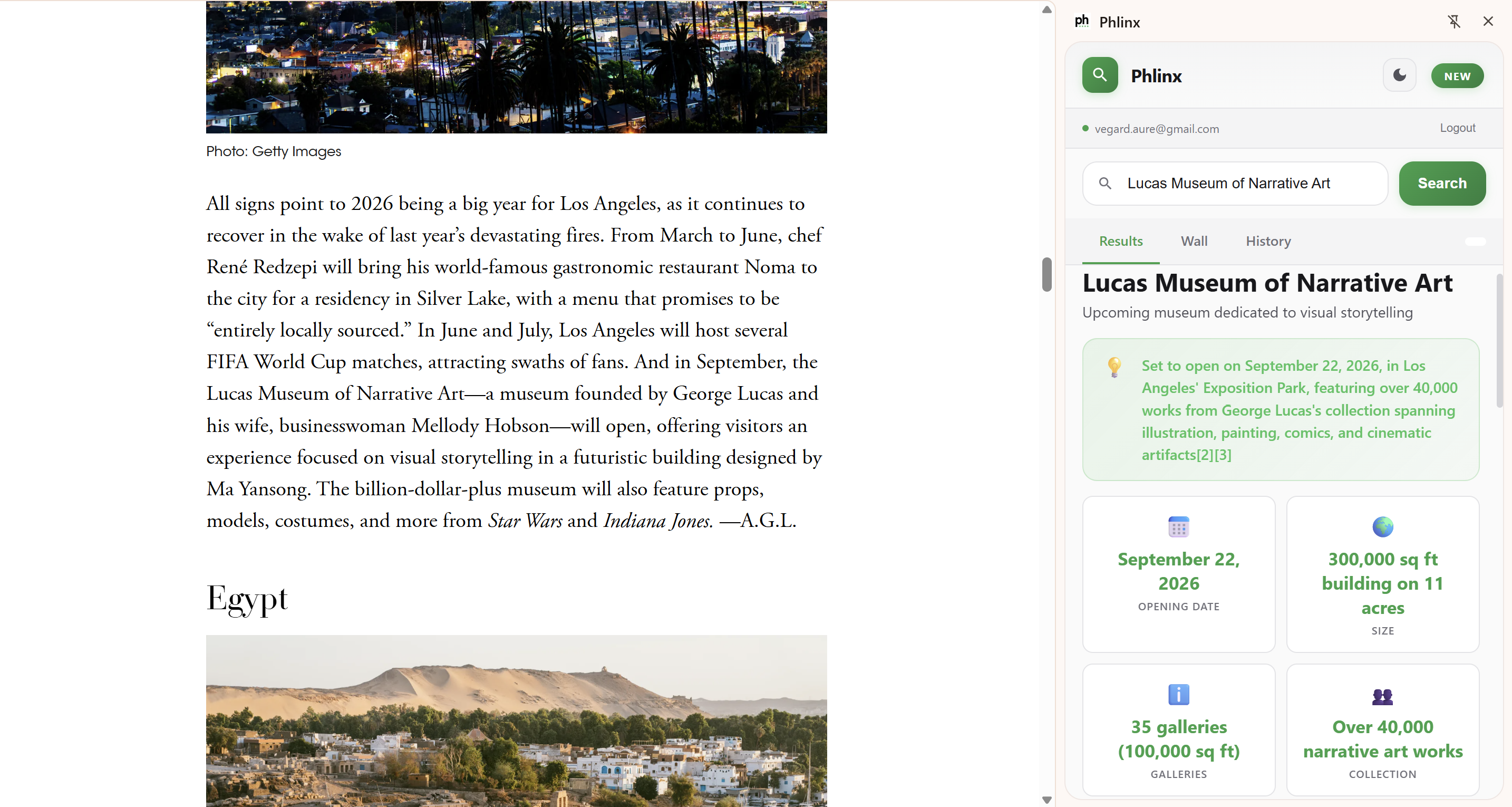 Chrome extension showing Lucas Museum search